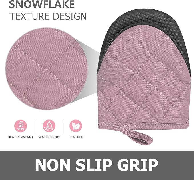 1 Pair Short Oven Mitts - Silicone Kitchen Oven Gloves High Heat Resistant 500℉, Mini Oven Mits with Non-Slip Grip Surfaces and Hanging Loop for BBQ, Baking, Cooking and Grilling (Pink)
