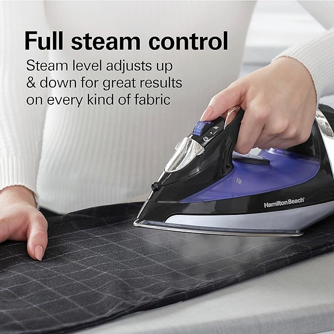 Hamilton Beach Steam Iron for Clothes & Garment Steamer with Smooth Press Stainless Steel Soleplate, 1200 Watts, 8’ Retractable Cord, Black (14214) (Pack of 2)