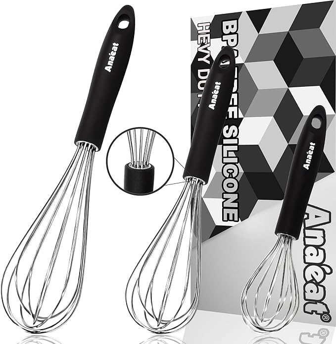 3 Packs Stainless Steel Whisk Set - Balloon Whisk, Anaeat Thick Stainless Steel Wire ＆ Strong Handles, Egg Beater for Cooking, Blending, Whisking, Beating and Stirring (8.5"+10.5"+12")