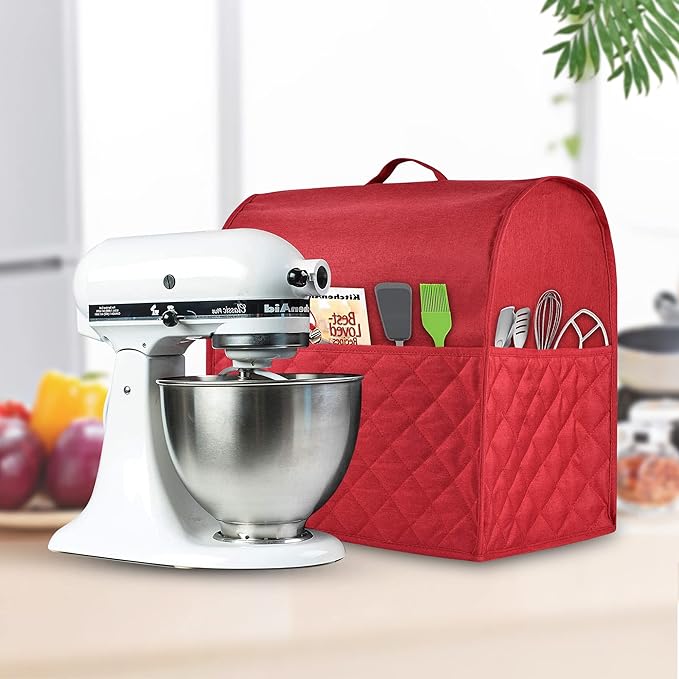 Stand Mixer Dust-proof Cover for KitchenAid Mixer，Multi Pockets for Various Kitchen Appliance Accessories，Water-resistant，Easy Cleaning (Red, Fit for Bowl Lift 5-8 Quart)