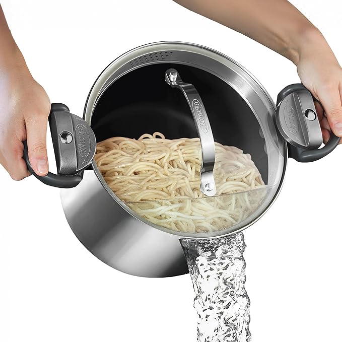 GOTHAM STEEL 8 Qt Stainless Steel Stock Pot Multipurpose Pasta Pot with Strainer Lid & Twist and Lock Handles, for Soup, Spaghetti, Rice, Induction Ready, Dishwasher Safe