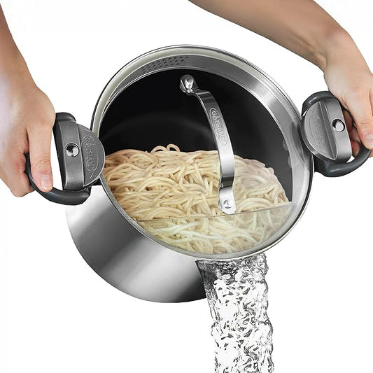 GOTHAM STEEL 8 Qt Stainless Steel Stock Pot Multipurpose Pasta Pot with Strainer Lid & Twist and Lock Handles, for Soup, Spaghetti, Rice, Induction Ready, Dishwasher Safe