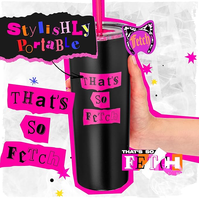 Dragon Glassware x Mean Girls Vacuum Insulated Tumbler with Lid and Straw - 24 oz Tumbler Cup with 2 Straws - Stainless Steel Tumbler with Straw for Water, Iced Tea - That's So Fetch