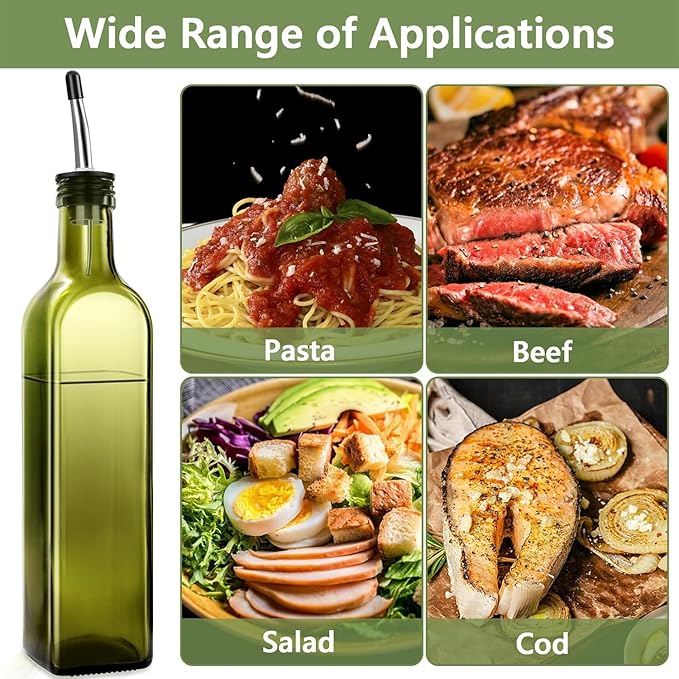 Olive Oil Dispenser Bottle, 17oz Glass Olive Oil Dispenser and Vinegar Dispenser Set 500ml Green Glass Oil Bottle Dispenser with Pourers,Funnel and Brush