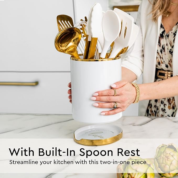 White Utensil Holder with Built-In Ceramic Spoon Rest - 2-Piece Luxe White and Gold Spatula Holder with Gold Spoon Rest for Countertop Organization - Stylish Kitchen Accessory, Utensils Not Included