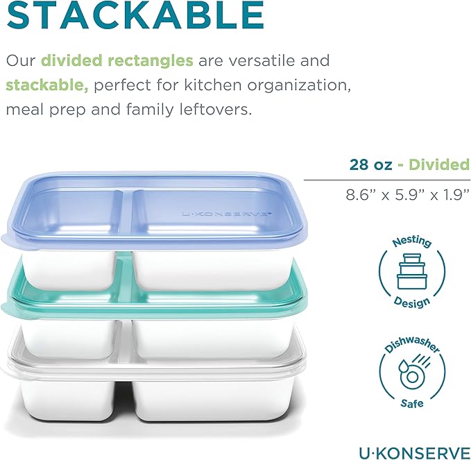 U Konserve Stainless Steel Rectangle Divided Food Storage Bento Box Container, Leak Proof Silicone Lid Dishwasher Safe - Plastic Free, (28oz Island Teal)