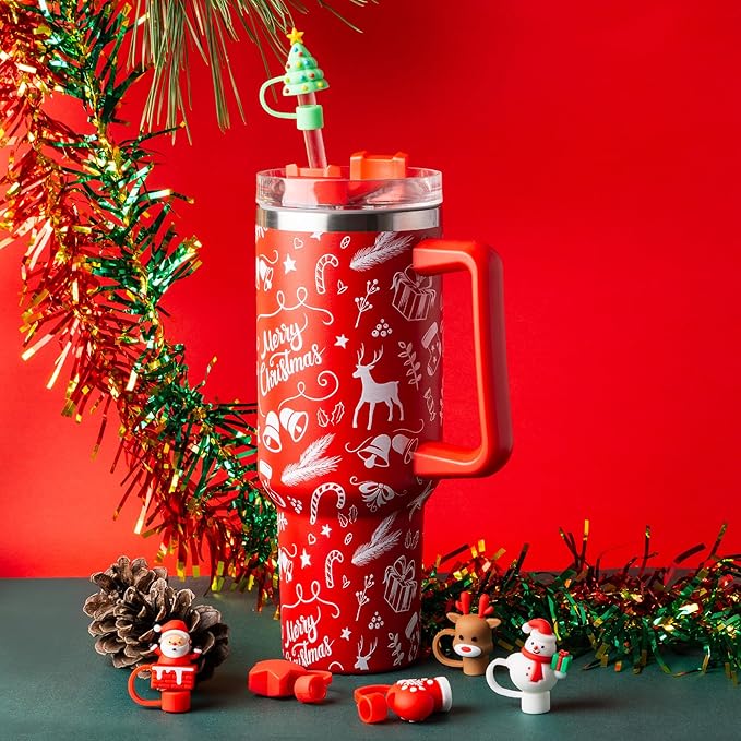 6Pcs Christmas Red Straw Cover Cap for Stanley Cup 40oz/30oz Tumbler, 10mm Reusable Cute Drinking Straw Topper Accessories, Portable Protector Plugs Decorations Gifts for Party Christmas