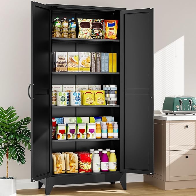 75" Tall Pantry Cabinet,Farmhouse Kitchen Pantry Storage Cabinets with 2 Doors and 4 Shelves,Black Metal Storage Cabinet,Large Cupboard for Home,Kitchen,Dining/Living Room