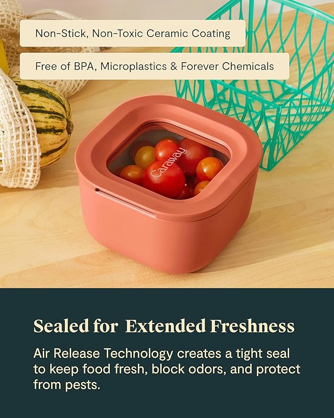 Caraway 6pc Food Storage Container Set - 1.75 Cup Glass Storage Container for Food (6) - Non-Toxic Ceramic-Coated Glass - Air Release Technology - Compact & Stackable Design - Sage