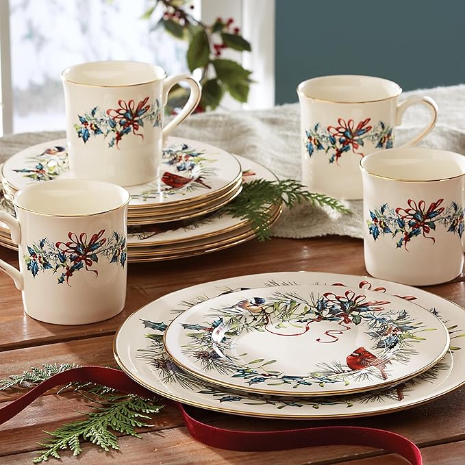 Lenox 6122055 Winter Greetings 12-Piece Dinnerware Set, Red & Green, Christmas, Holiday Hosting, Service For 4