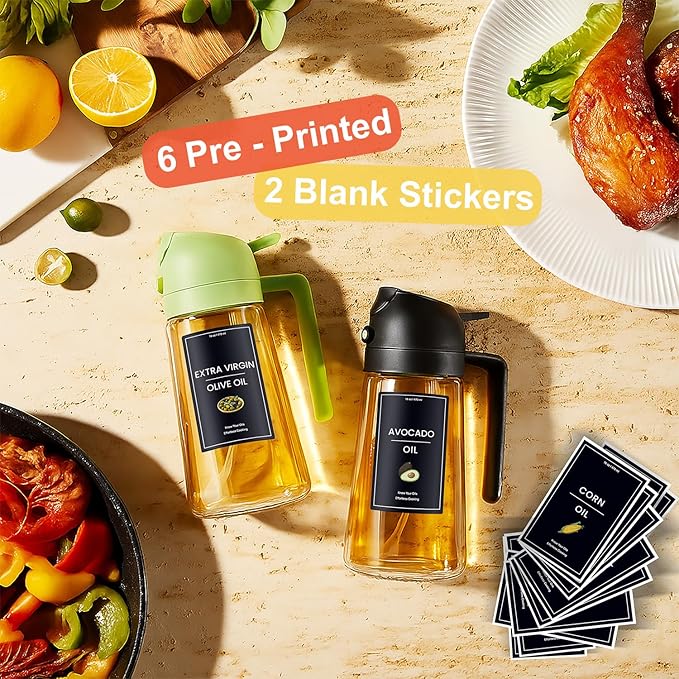 CXINYI - 16oz/470ml Olive Oil Dispenser for Kitchen with Stickers - 2 in 1 Olive Oil Sprayer for Cooking, Air Fryer, and Salad, 2 Black (Light-Proof Kitchen Gadget)