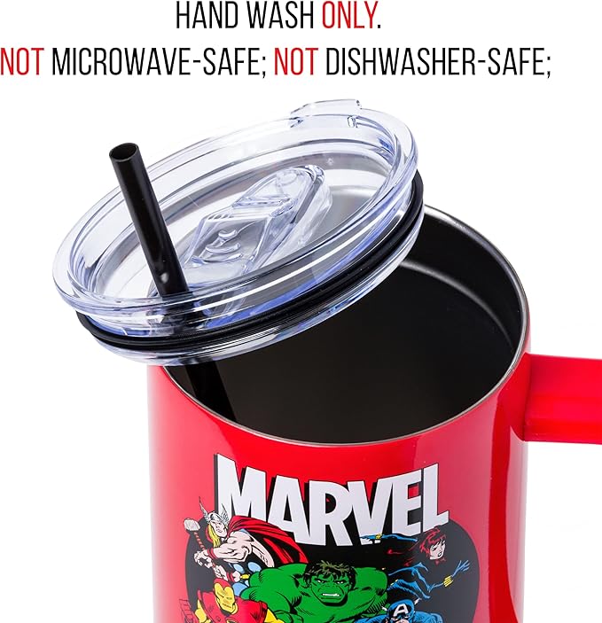 Silver Buffalo Marvel Avengers Stainless Steel Tumbler with Handle and Straw Featuring Captain America, Thor, Hulk, Iron Man, Black Widow, and Spiderman, Fits in Standard Cup Holder, 40 Ounces
