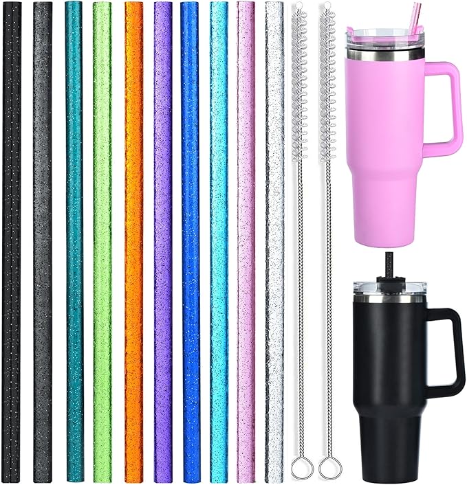 ALINK 10 Pack Color Replacement Straws for Stanley 40 oz 30 oz Tumbler, 12 in Long Reusable Plastic Glitter Straws for Stanley Cup Accessories, Half Gallon Jug, Plus 2 Cleaning Brush