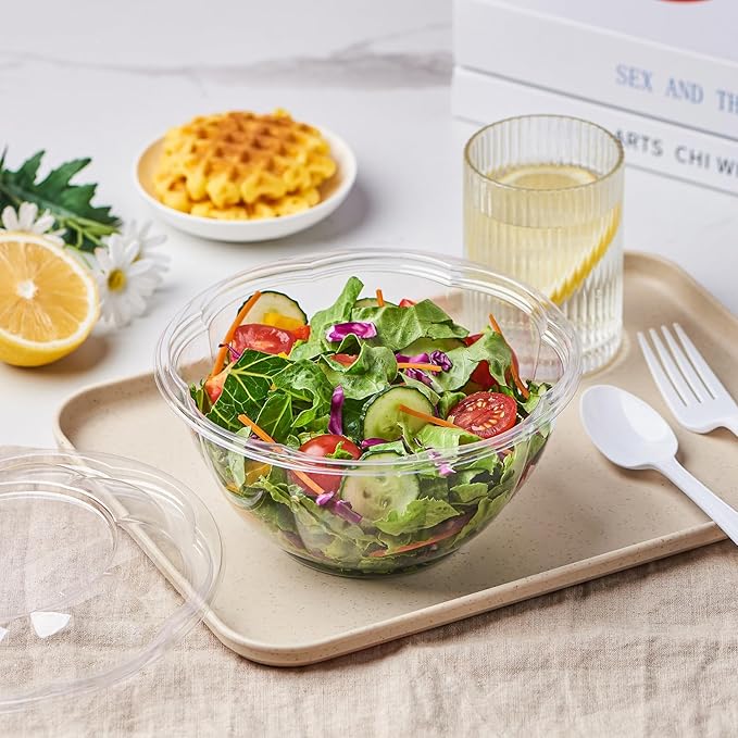 [32 oz. 50 Sets Clear Plastic Salad Bowls with Airtight Lids Disposable To Go Mixing Containers Serving for Fruit, Quinoa, Lunch and Meal Prep