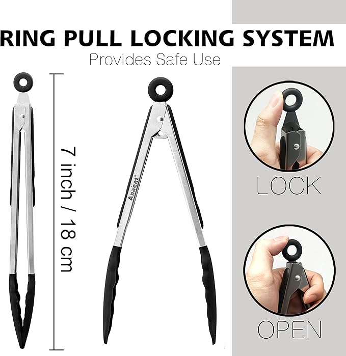 Anaeat 3 Pack 7" Mini Non-Stick Silicone Locking Tongs - Stainless Steel Kitchen Food Tong with Non-Slip Silicone Tips and Grip for Cooking, Baking and BBQ - Metal Tongs Heat Resistant up to 480°F