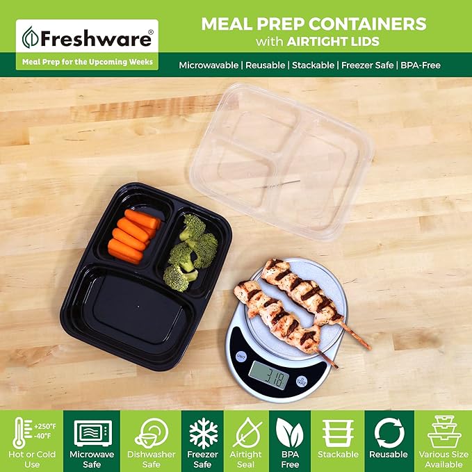 Freshware Meal Prep Containers [150 Pack] 3 Compartment with Lids, Food Storage Containers, Bento Box, BPA Free, Stackable, Microwave/Dishwasher/Freezer Safe (24 oz)