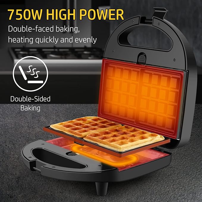 OSTBA 3 in 1 Sandwich Maker Panini Press Waffle Iron Set with 3 Removable Non-Stick Plates, 750 W Toaster Perfect for Sandwiches Grilled Cheese Steak, Black