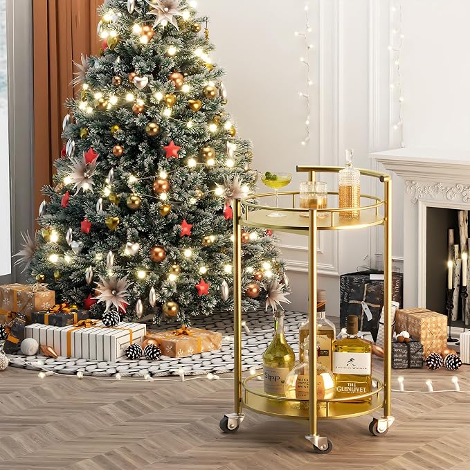 Bar Cart Gold Rolling Cart for Home, 2 Tiers Bar Serving Cart Round Wine Cart - Image 2