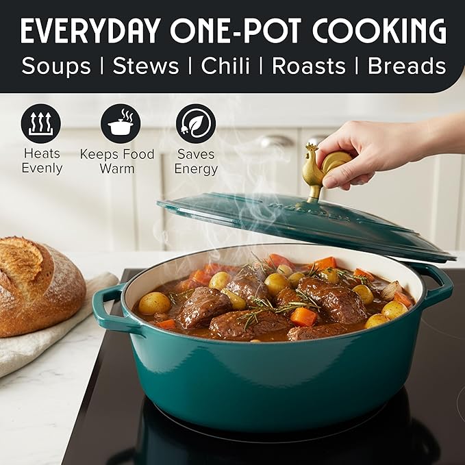 MUELLER HOME 5.5 Quart Enameled Cast Iron Oval Dutch Oven with Rooster Knob and Cotton Potholders, Heavy-Duty Cookware, Oven-Safe up to 500° F & Across All Cooktops, Thanksgiving Essentials, Emerald