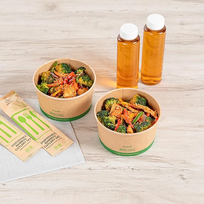 Restaurantware Compostable Paper Food Containers 200 Pack Of 34 oz BPI-Certified Round Kraft Salad Bowls Disposable Grease-Resistant Meal Prep Take Out Containers For Ice Creams, Soups, Snacks