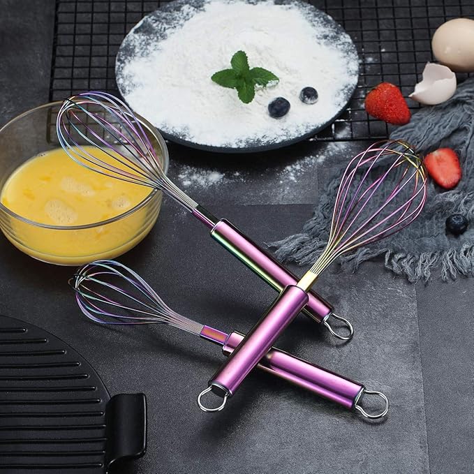 Berglander Rainbow Whisk Pack of 3 Stainless Steel 8",10",12", Titianium Plating Colorful Whisk for Cooking, Beater,Wire Whisk Set Kitchen Wisk (Rainbow)