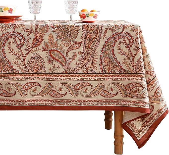 ISAENNE Designer French Red Long Rectangle Tablecloth,Linen Table Cloth with Cashew Pattern,Stain Proof Decor Tablecloths for Dining Thanksgiving Kitchen Christmas,63"*102"-Chauffrey D