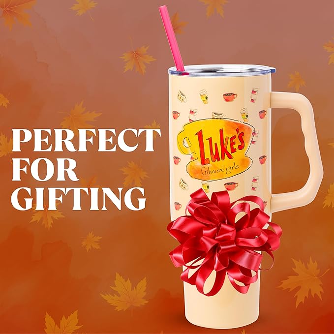 Silver Buffalo Gilmore Girls Luke's Diner Stainless Steel Tumbler with Handle and Straw, Fits in Standard Cup Holder, 40 Ounces