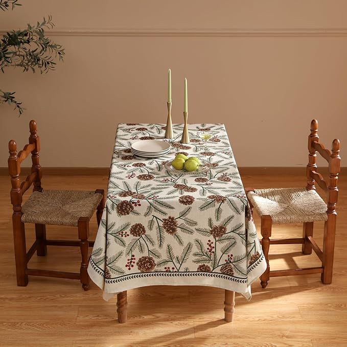 ISAENNE Designer Christmas Beige Linen Long Rectangle Tablecloth,Pinecones Pattern Indoor Table Cloths,Washable Decor Tablecloths for Dining Thanksgiving Kitchen Christmas,63"*102"-Carol B