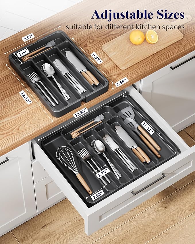 Kitsure Cutlery Drawer Organiser for Kitchen - Adjustable Cutlery Tray for Effortless Utensil Sorting, Versatile Kitchen Storage & Organisation Solution, 12.13" x 1.54" x 8.07"~13.90", Black