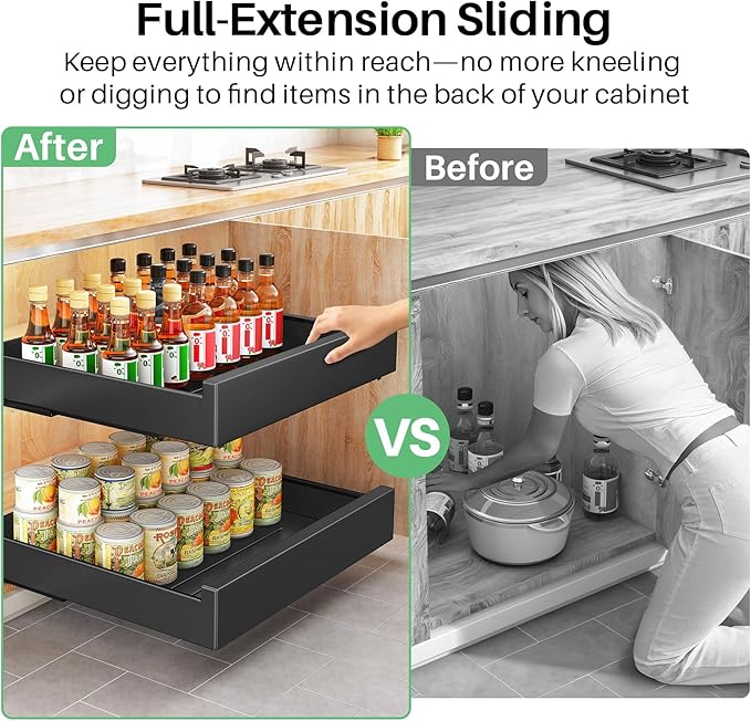 Pull Out Cabinet Organizer Fixed With Adhesive Nano Film,Heavy Duty Storage and Organization Slide Out Pantry Shelves Sliding Drawer Shelf for Kitchen,Bathroom,Living Room,11.8"W x16.9"D x 3.1"H(1PC)