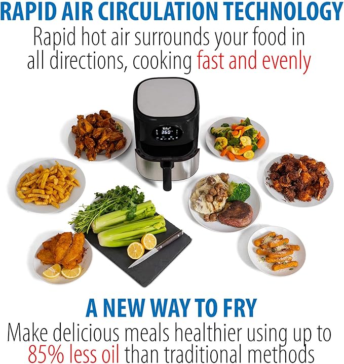 Deco Chef 3.7QT Digital Air Fryer with 6 Cooking Presets, LED Touch Controls, Adjustable Temperature and Time, Detachable Dishwasher Safe Non-Stick Basket, ETL Certified, Black