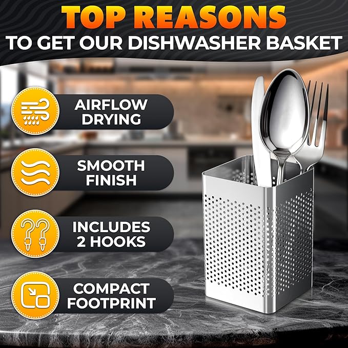 Dishwasher Chopstick Basket – 2.87" x 2.87" x 4" Stainless Steel Utensil Holder | Rust-Resistant Perforated Caddy with Hooks for Organizing Chopsticks, Straws, Teaspoons, and Small Kitchen Tools