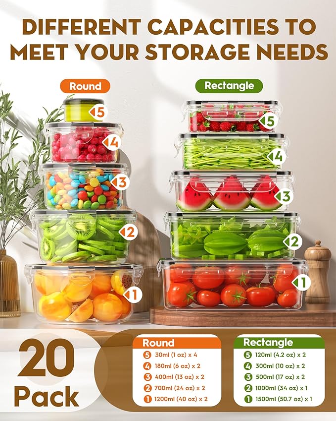 40 PCS Food Storage Containers with Lids Airtight (20 Containers & 20 Lids), 100% Leakproof Meal Prep Container Set for Kitchen Storage, BPA-free, PVC-free Reusable Plastic, Microwave/Dishwasher Safe