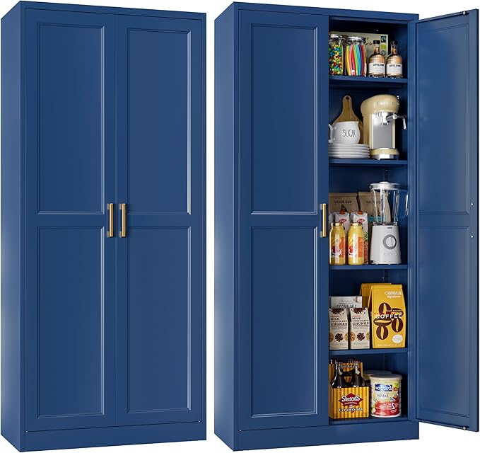 71" Tall Metal Storage Cabinet, Kitchen Pantry Storage Cabinets with Doors and 4 Adjustable Shelves, Food Pantry Cabinet, Large Cupboard, Utility Steel Cabinets for Dining, Living Room, Blue