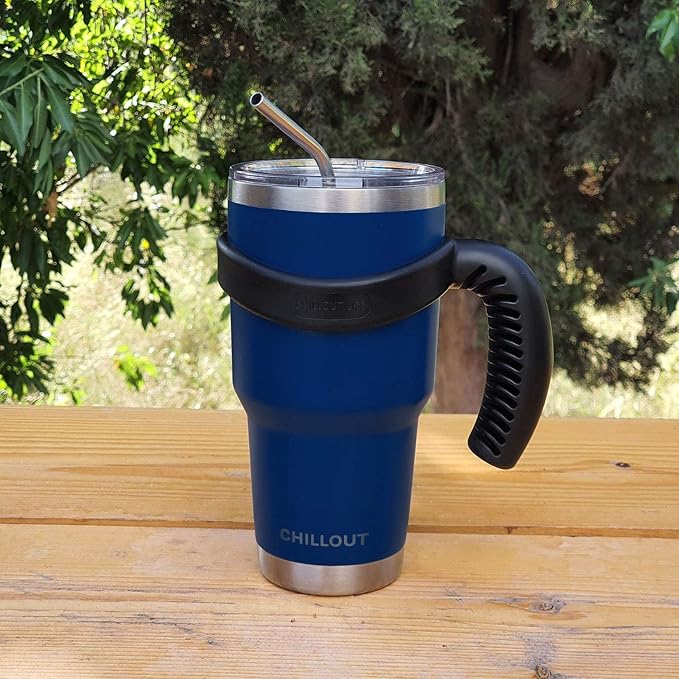CHILLOUT LIFE Stainless Steel Travel Mug with Handle 30 oz – 6 Piece Set. Tumbler with Handle, Straw, Cleaning Brush & 2 Lids. Double Wall Insulated Large Coffee Mug Bundle (Navy Blue)