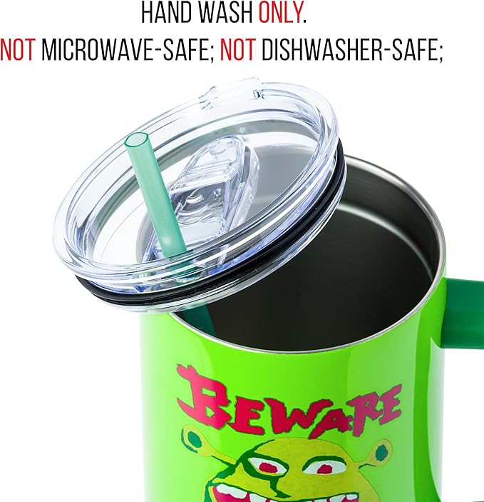 Silver Buffalo Shrek Beware Ogre Stainless Steel Tumbler with Handle and Straw, Fits in Standard Cup Holder, 40 Ounces
