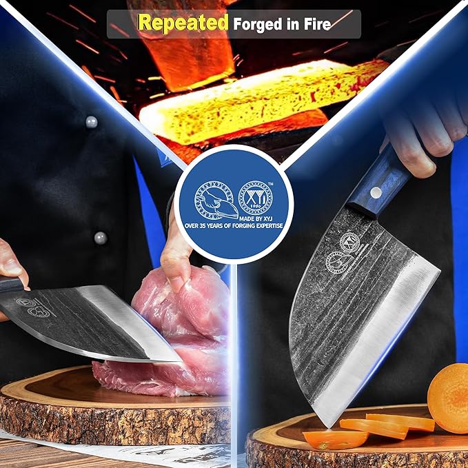 XYJ Authentic Since 1986,Ancient Forged Butcher Knives,Serbian Chef Knife With Sheath,Chinese Vegetable Meat Knives For Kitchen Camping Outdoor,Full Tang (6 inch)