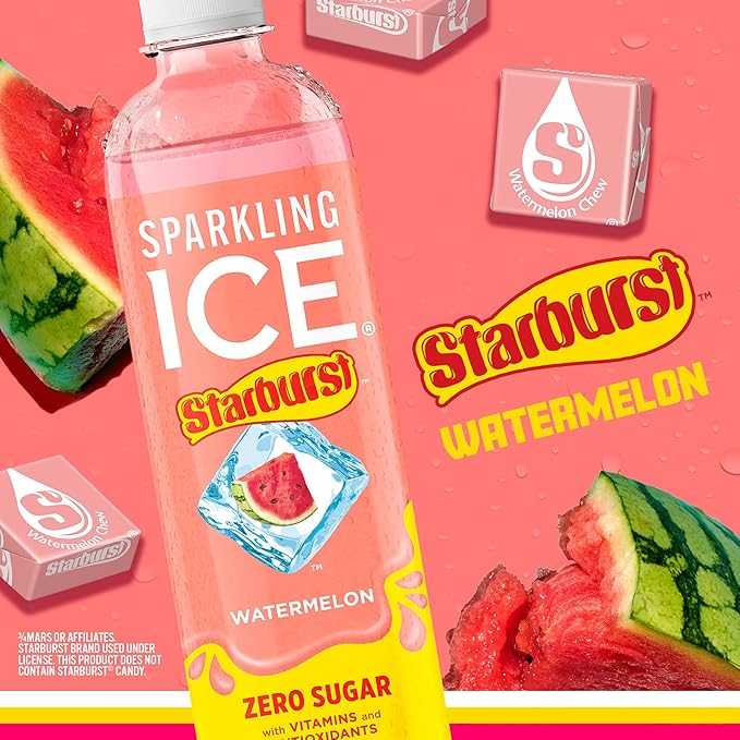 Sparkling Ice STARBURST Watermelon, Zero Sugar Flavored Sparkling Water, with Vitamins and Antioxidants, Low Calorie Beverage, 17 fl oz Bottles (Pack of 12)
