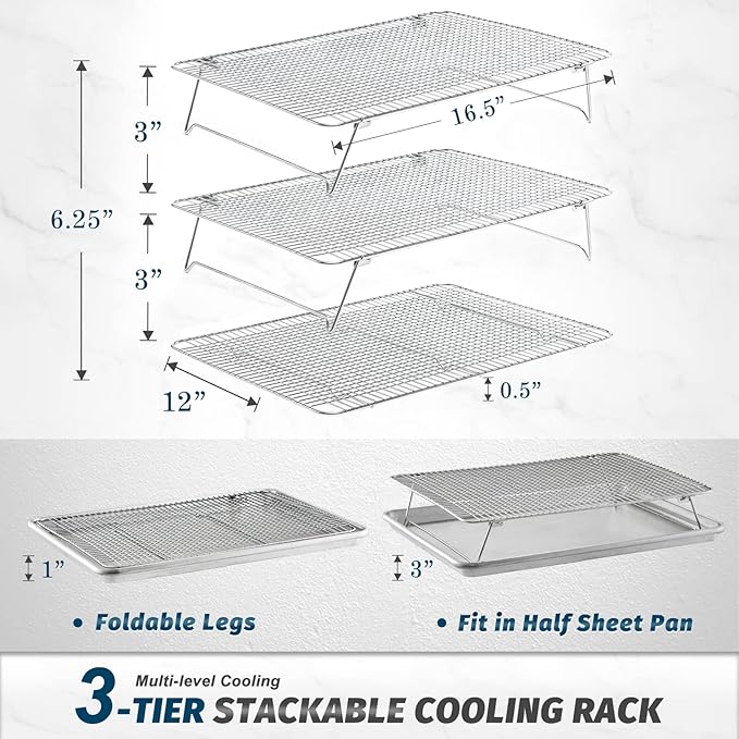 Stainless Steel Stackable Cooling Rack for Baking, 3 Tier 12”x 16.5”,Oven & Dishwasher Salf and Fit Half Sheet,Wire Cooling Racks for Cookie, Pizza, Cake