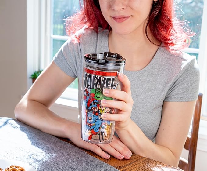 Silver Buffalo Marvel Avengers Featuring Spider-Man, Captain America, Thor, Hulk, and Iron Man Double Wall Travel Tumbler with Slide Close Lid, 20 Ounces