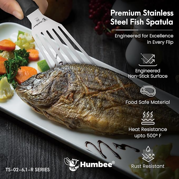 6 Inches Fish Turner, Slotted Fish Spatula Dishwasher Safe NSF (Left Hand), Shovel Black