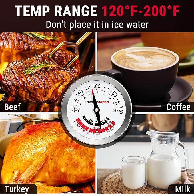 ThermoPro APT200 2 Pcs Meat Thermometer for Cooking with Extra-Large 2-Inch Dial, Analog Dial Food Cooking Thermometer with 5.1" Stainless Steel Probe for Poultry, Pork, Beef Candy Making Accessory