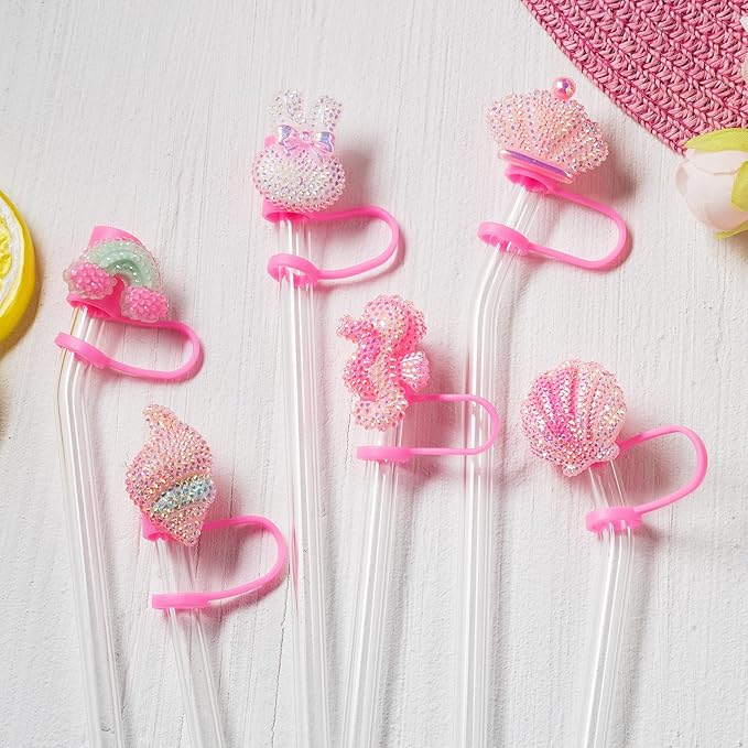 6Pcs Glitter Pink Straw Cover Cap for Stanley Cup, 10mm Reusable Cute Pink Drinking Straw Topper Accessories, Portable Protector Plugs Decorations Gifts for Kids Party Favors