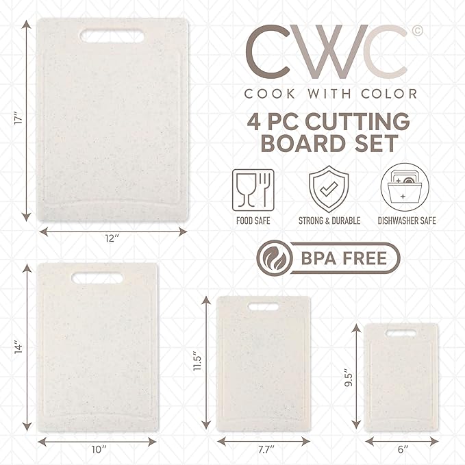 COOK WITH COLOR Non-Slip Cutting Board Set – Kitchen Essentials with Easy Grip Handle for Meat, Veggies, and Fruits, 4 Cutting Boards, White