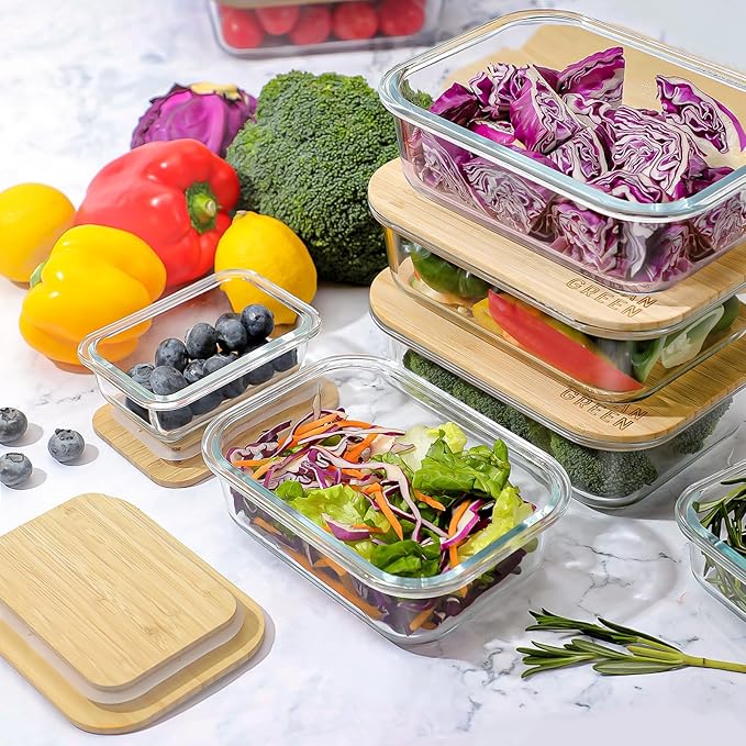 Urban Green Glass Containers with Bamboo Lids, Bamboo Meal Prep Storage Containers with Lids, Oven, Freezer, Microwave Safe, Pack of 4, 35oz