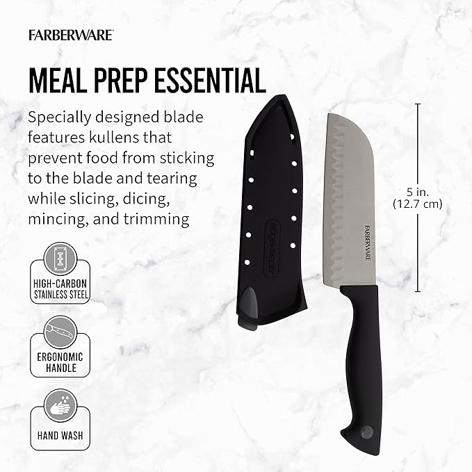 Farberware Edgekeeper 5-Inch Santoku Knife with Self-Sharpening Blade Cover, High Carbon-Stainless Steel Kitchen Knife with Ergonomic Handle, Razor-Sharp Knife, Black