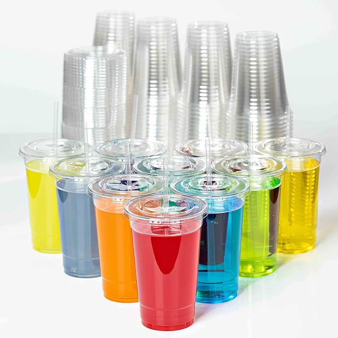 SafeWare Clear Disposable Plastic Cups 16oz with Flat Lids and Straws, Togo Disposable Iced Coffee Cups - Ideal for Party, Outdoor Picnic, BBQ, House Party, Restaurant Quality - 100 Sets