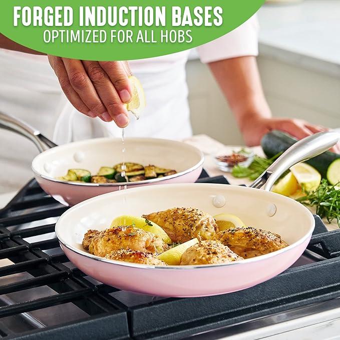 GreenLife Artisan Healthy Ceramic Nonstick, 8" and 10" Frying Pan Skillet Set, Stainless Steel Handle, Induction, PFAS-Free, Dishwasher Safe, Oven Safe, Pink