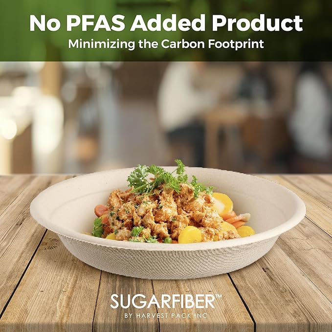 [50 COUNT]Sugarfiber by Harvest Pack PFAS FREE 24oz Round Paper Bowls - Compostable Heavy-Duty Eco-Friendly Disposable Bagasse Bowl sugarcane made plant fibers for Meal Prep