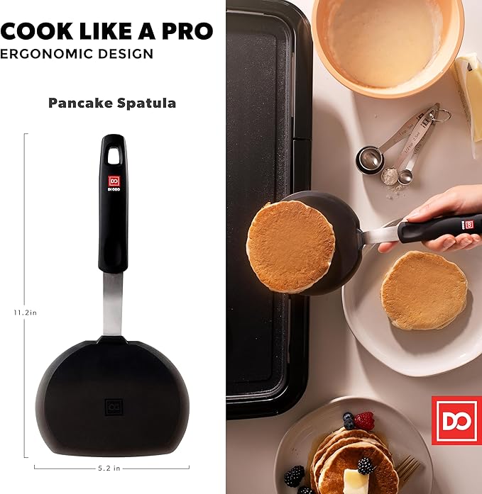 Silicone Turner Pancake Spatula - Nonstick Cookware Safe 600°F Heat-Resistant Flexible & Thin Cooking Flipper for Eggs - Reinforced Stainless Steel Core - BPA Free & Dishwasher Safe by DI ORO